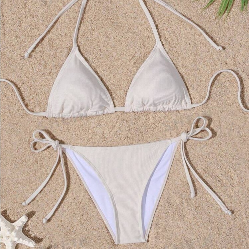 Light Beige Sexy Bikini Set Halter Triangle Bikini Triangle Top, Tie Side Bottom